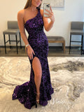 Purple Mermaid Sequin Prom Dresses With Slit One Shoulder Evening Dress FD2937-prom dresses-Viniodress-Viniodress