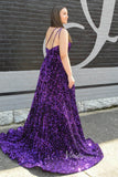 Purple Sequin Prom Dress with Slit One Shoulder Formal Dresses FD2973-prom dresses-Viniodress-Viniodress