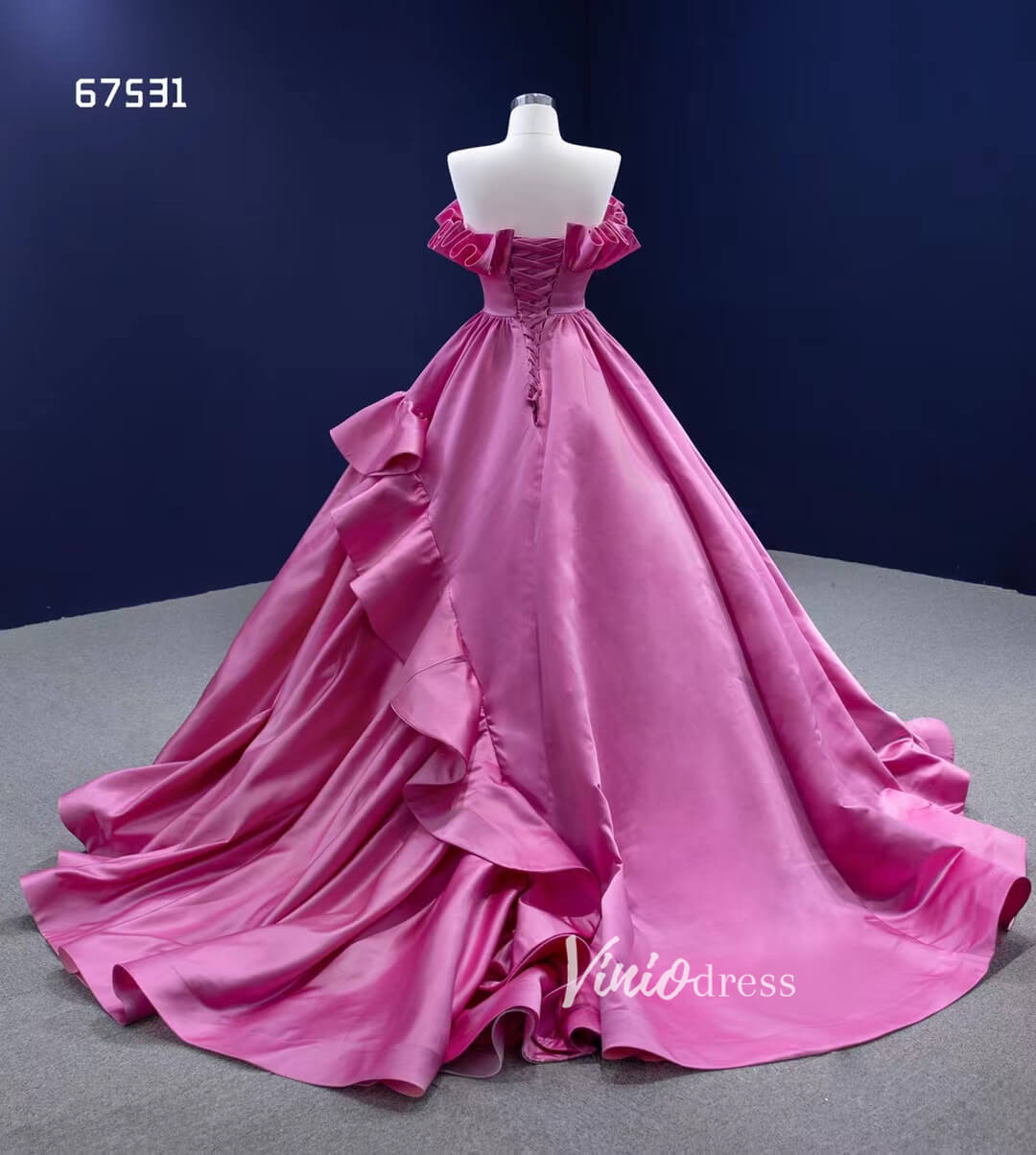 Dark Pink Ruffle Ball Gown Quince Dresses Satin Ball Gown Wedding Dress 67531-Quinceanera Dresses-Viniodress-Viniodress