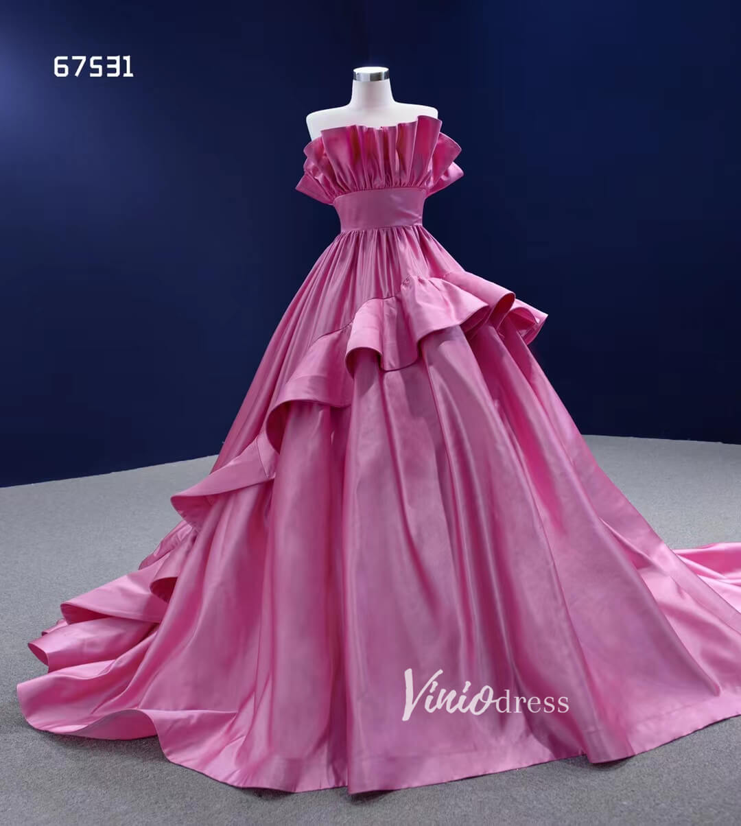 Dark Pink Ruffle Ball Gown Quince Dresses Satin Ball Gown Wedding Dress 67531-Quinceanera Dresses-Viniodress-Viniodress