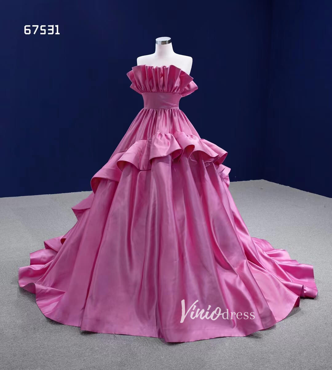 Dark Pink Ruffle Ball Gown Quince Dresses Satin Ball Gown Wedding Dress 67531-Quinceanera Dresses-Viniodress-Viniodress