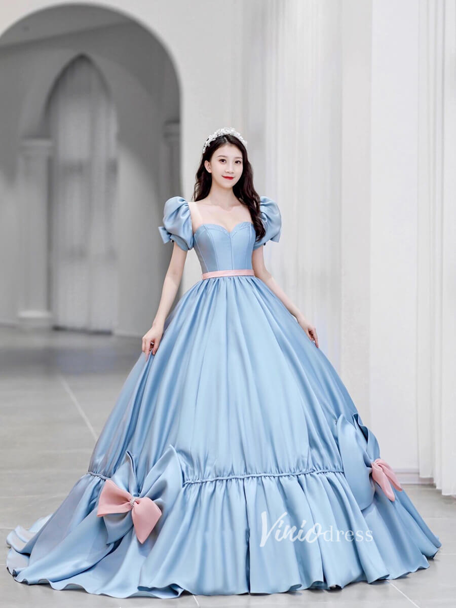 Dusty Blue Ball Gown Sweet 16 Dress Bow-tie Quince Dress FD2786-Quinceanera Dresses-Viniodress-Viniodress