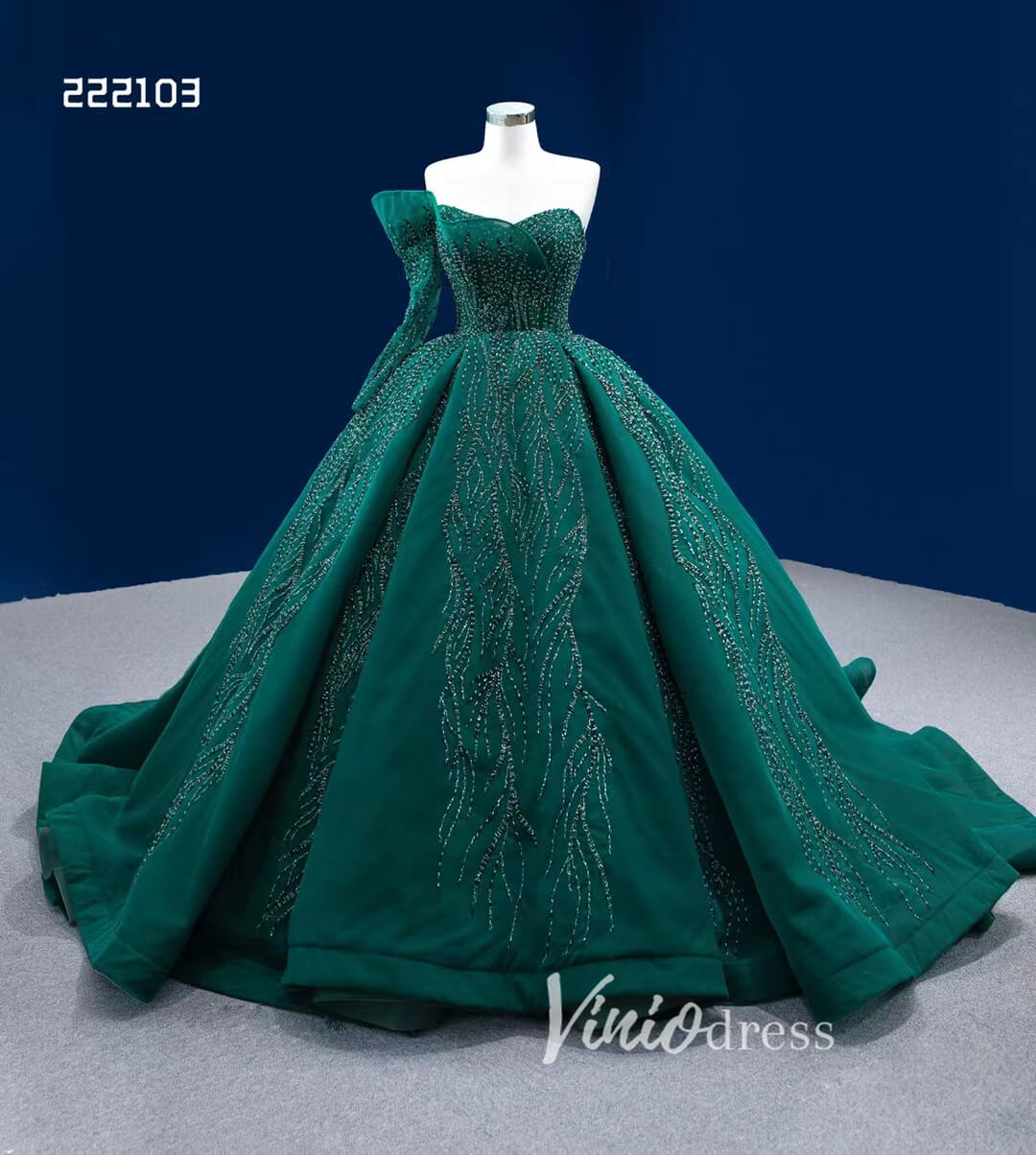 Emerald Green Wedding Dress One Shoulder Long Sleeve Ball Gown 222103-Quinceanera Dresses-Viniodress-Viniodress