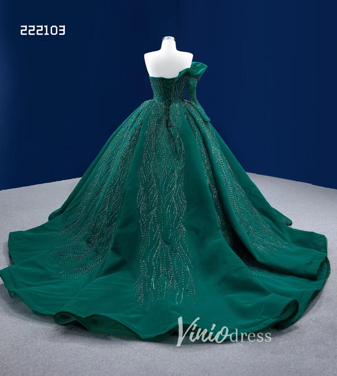 Emerald Green Wedding Dress One Shoulder Long Sleeve Ball Gown 222103-Quinceanera Dresses-Viniodress-Viniodress