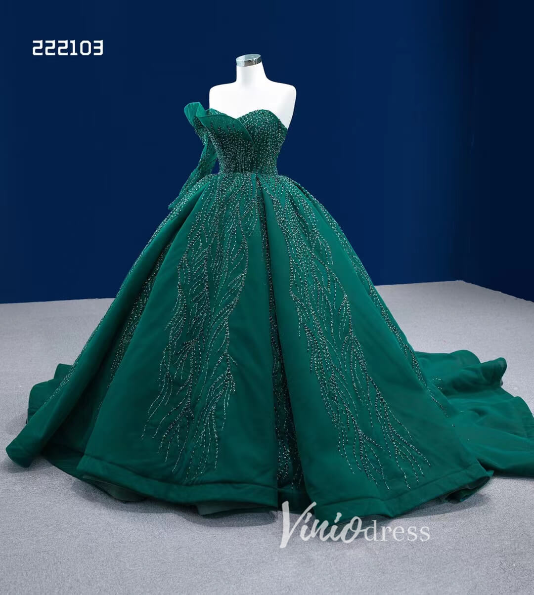 Emerald Green Wedding Dress One Shoulder Long Sleeve Ball Gown 222103-Quinceanera Dresses-Viniodress-Viniodress