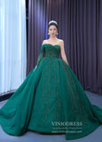 Emerald Green Wedding Dress One Shoulder Long Sleeve Ball Gown 222103-Quinceanera Dresses-Viniodress-Emerald Green-Custom Size-Viniodress