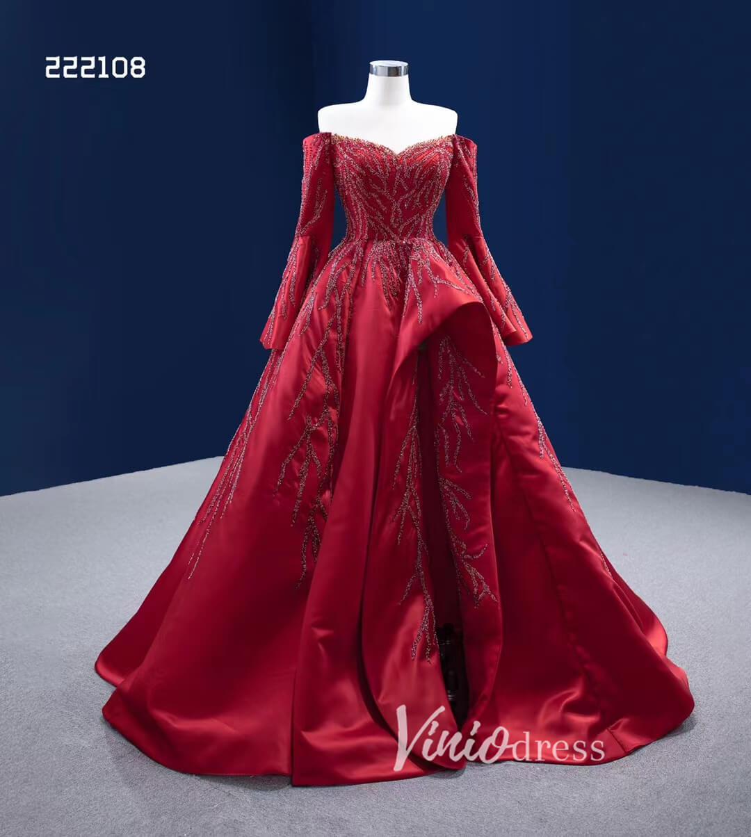 Long Sleeve Red Ball Gown Beaded Satin Wedding Dresses with Slit 222108-Quinceanera Dresses-Viniodress-Viniodress