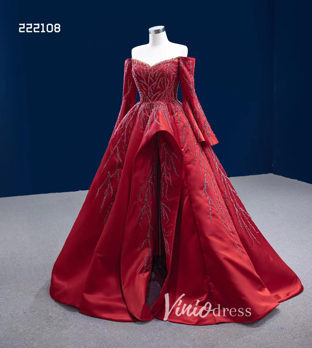 Long Sleeve Red Ball Gown Beaded Satin Wedding Dresses with Slit 222108-Quinceanera Dresses-Viniodress-Viniodress