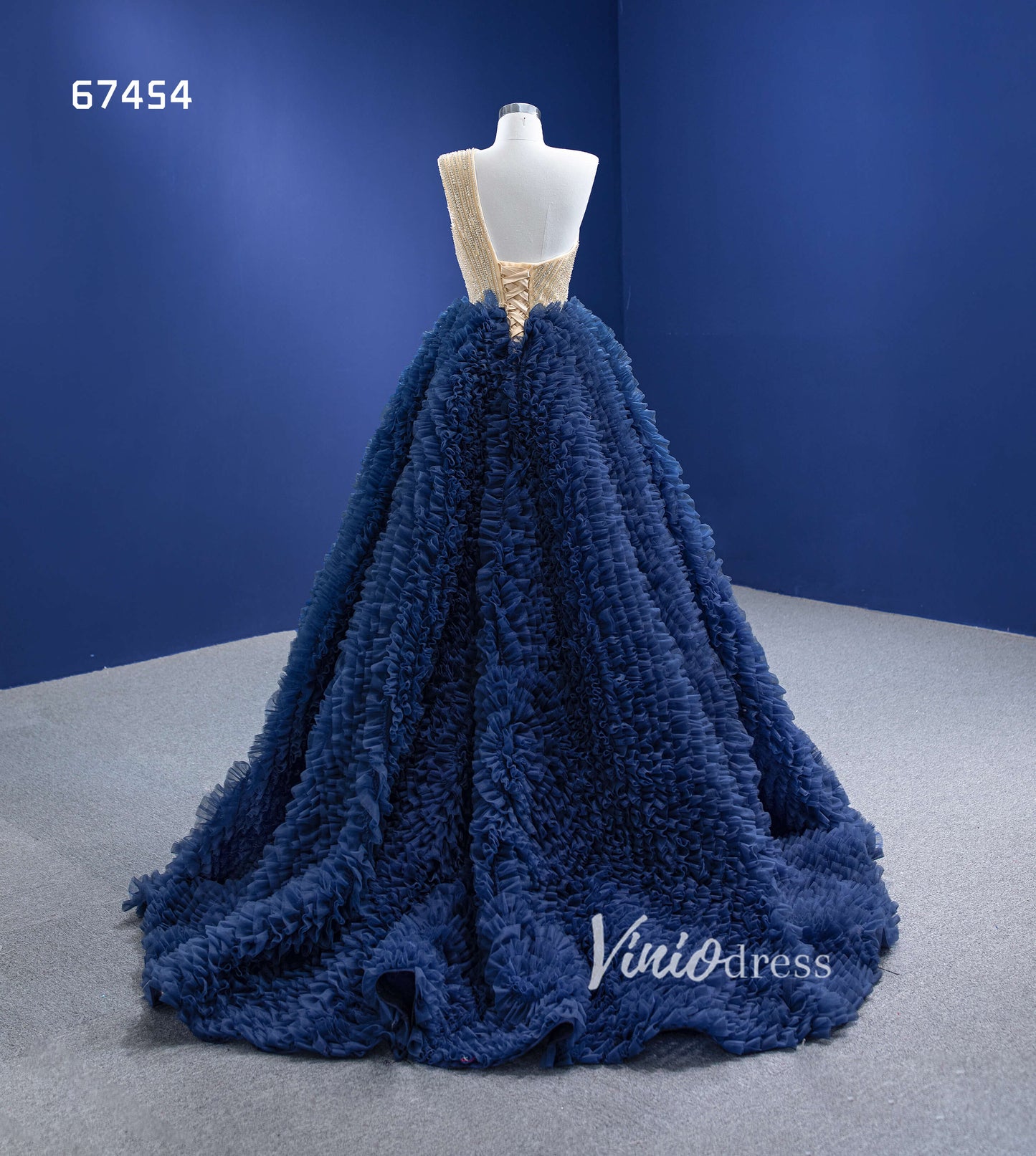 Navy Blue Sweet 16 Ball Gown One Shoulder Ruffle Quince Dresses 67454-Quinceanera Dresses-Viniodress-Viniodress