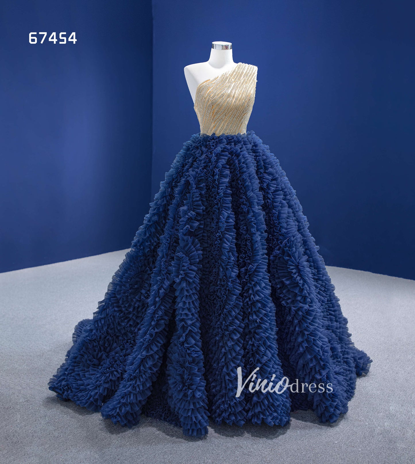 Navy Blue Sweet 16 Ball Gown One Shoulder Ruffle Quince Dresses 67454-Quinceanera Dresses-Viniodress-Viniodress