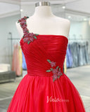 Red Beaded One Shoulder Prom Dresses Pleated Tulle Evening Dress FD3136-prom dresses-Viniodress-Viniodress