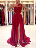 Red Chiffon Prom Dress High Slit One Shoulder Evening Dress FD2843