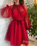 Red Dotted Tulle Homecoming Dresses with Long Sleeve SD1437