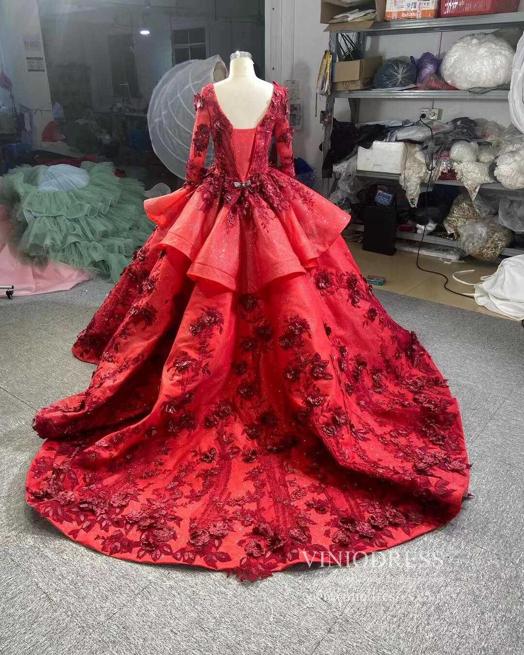 Red Floral Princess Dress Wedding Ball Gown 66878 Long Sleeve-prom dresses-Viniodress-Viniodress