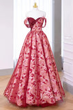 Red Jacquard Prom Dresses Long Sweetheart Neck FD3409 Off the Shoulder