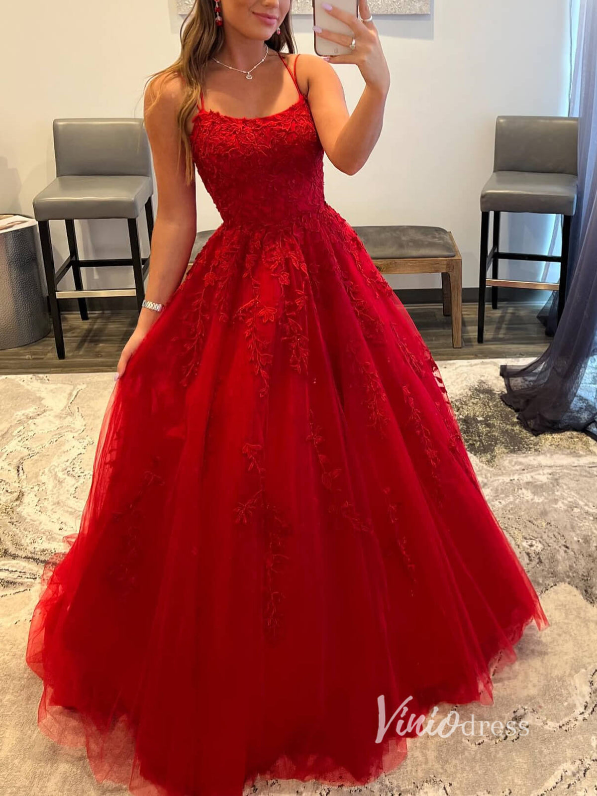 Red Lace Applique Prom Dresses Spaghetti Strap Evening Dress FD2929-prom dresses-Viniodress-Red-Custom Size-Viniodress