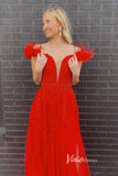 Red Lace Applique Prom Dresses with Slit Feather Plunging V-Neck Formal Gown FD1247D-prom dresses-Viniodress-Viniodress