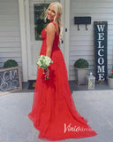 Red Lace Applique Prom Dresses with Slit Spaghetti Strap Evening Dress FD3392-prom dresses-Viniodress-Viniodress