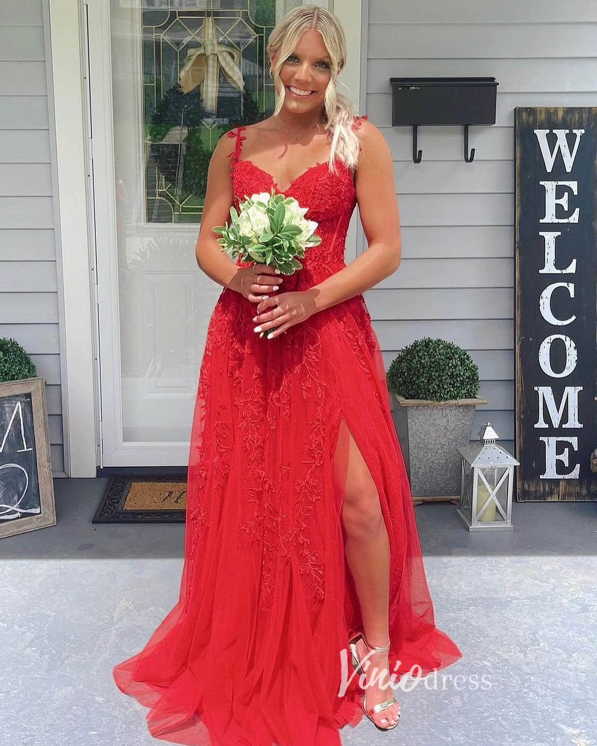 Red Lace Applique Prom Dresses with Slit Spaghetti Strap Evening Dress FD3392-prom dresses-Viniodress-Red-Custom Size-Viniodress