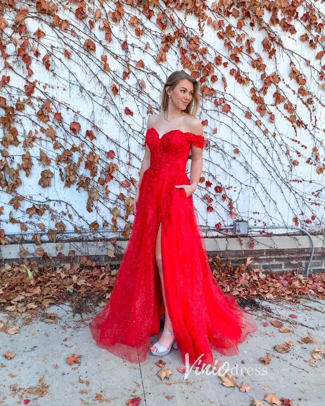 Red Lace Appliqued Prom Dresses with Slit Off the Shoulder Evening Dress FD3394-prom dresses-Viniodress-Viniodress