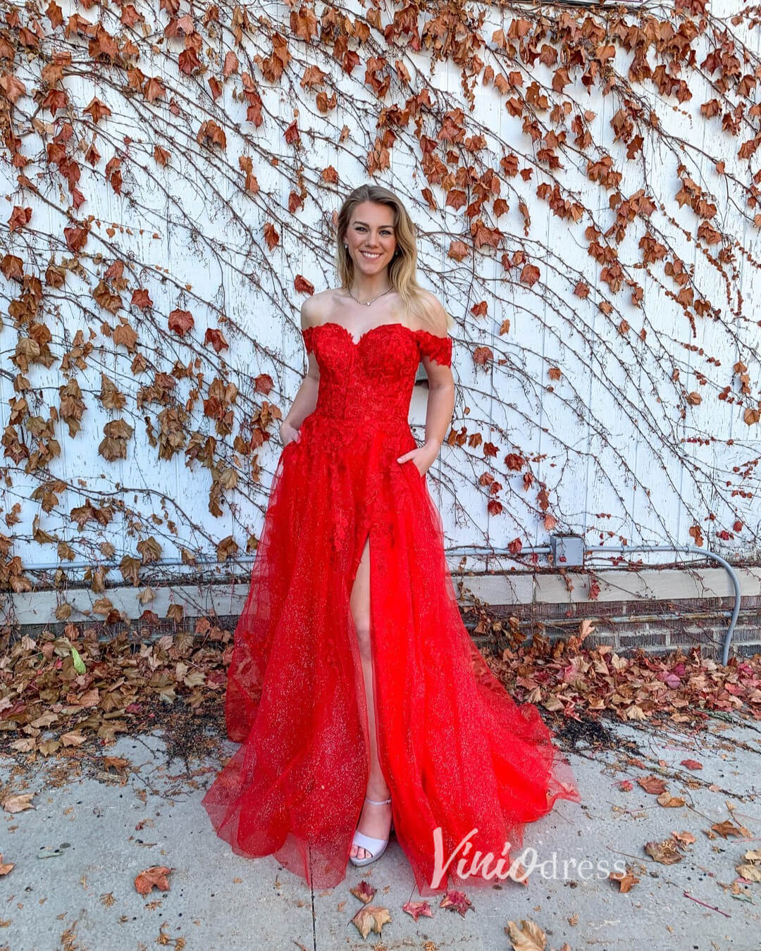 Red Lace Appliqued Prom Dresses with Slit Off the Shoulder Evening Dress FD3394-prom dresses-Viniodress-Red-Custom Size-Viniodress