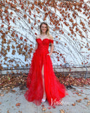 Red Lace Appliqued Prom Dresses with Slit Off the Shoulder Evening Dress FD3394