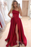 Red One Shoulder Prom Dresses With Slit Satin A-Line Evening Dress FD3060