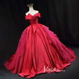 Red Pleated Satin Quinceanera Dresses Off the Shoulder Prom Ball Gown FD3453-prom dresses-Viniodress-Viniodress