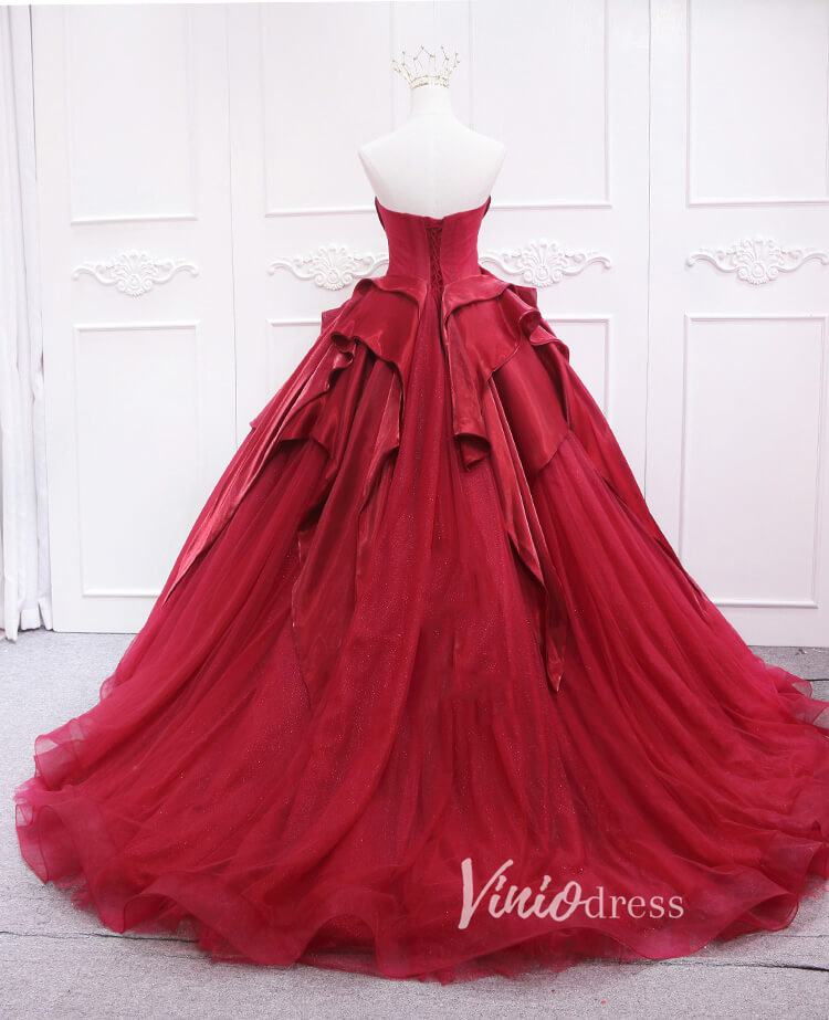 Red Pleated Tulle Quinceanera Dresses Strapless Prom Ball Gown FD3452-prom dresses-Viniodress-Viniodress