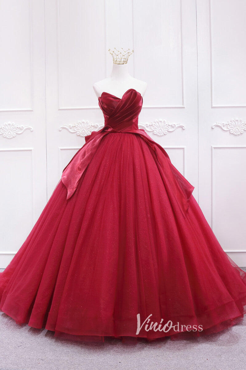 Red Pleated Tulle Quinceanera Dresses Strapless Prom Ball Gown FD3452-prom dresses-Viniodress-Red-Custom Size-Viniodress