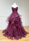 Red Plum Layered Prom Dresses Spaghetti Strap Formal Gown FD2114