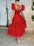 Red Puffed Sleeve Mid-Length Prom Dresses Starry Tulle Short Formal Dress FD3084-prom dresses-Viniodress-Viniodress