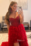 Red Ruffled Prom Dress Strapless Beaded Formal Dresses FD2950-prom dresses-Viniodress-Viniodress