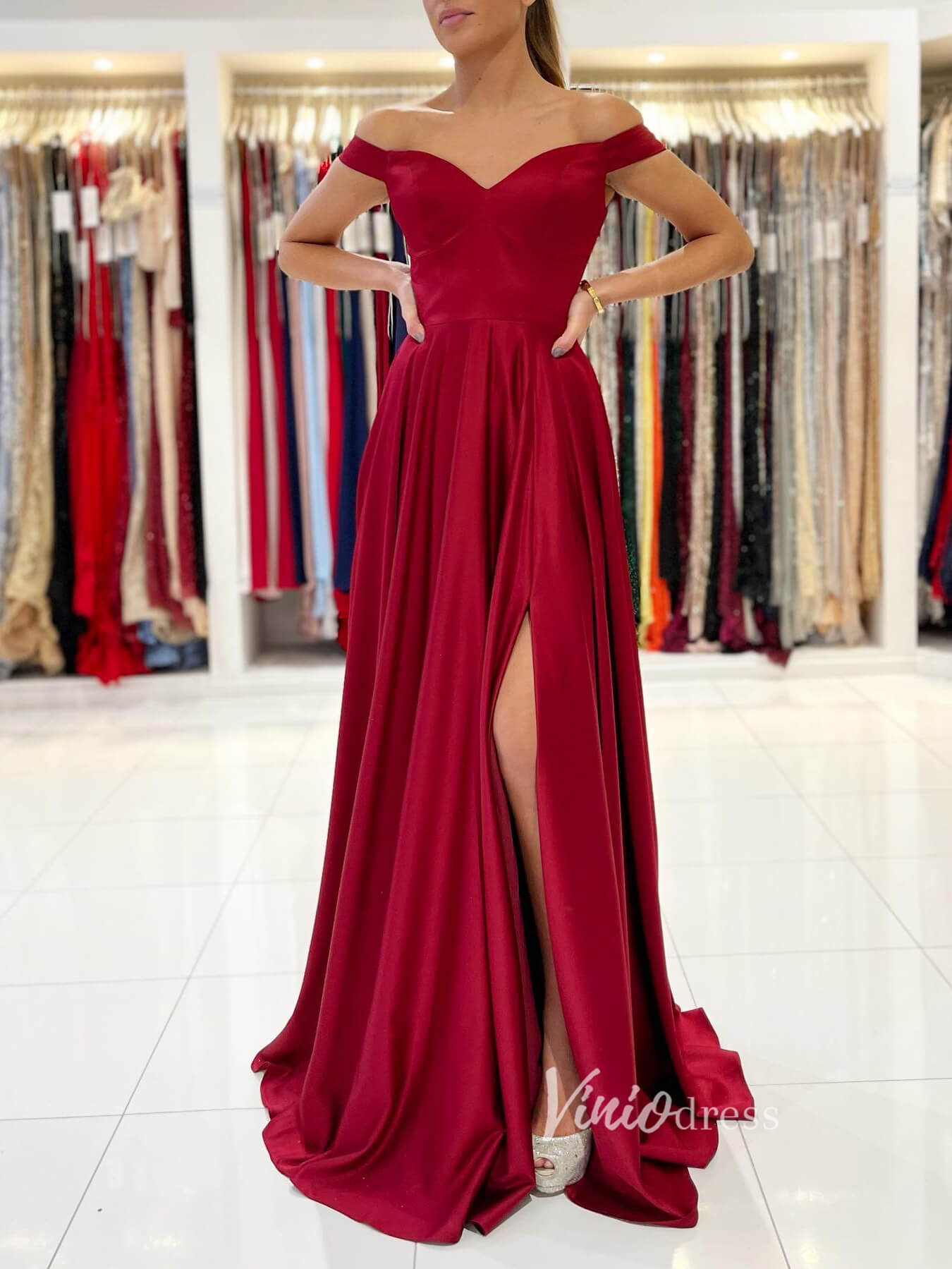 Red Satin Off the Shoulder Prom Dress fd2734-prom dresses-Viniodress-Red-Custom Size-Viniodress