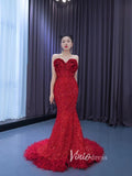 Red Sequin Pageant Dresses Strapless Mermaid Evening Gown 222150