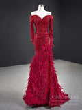 Red Sequin Prom Dress Long Sleeve High Slit Feather Pageant Dress 67125