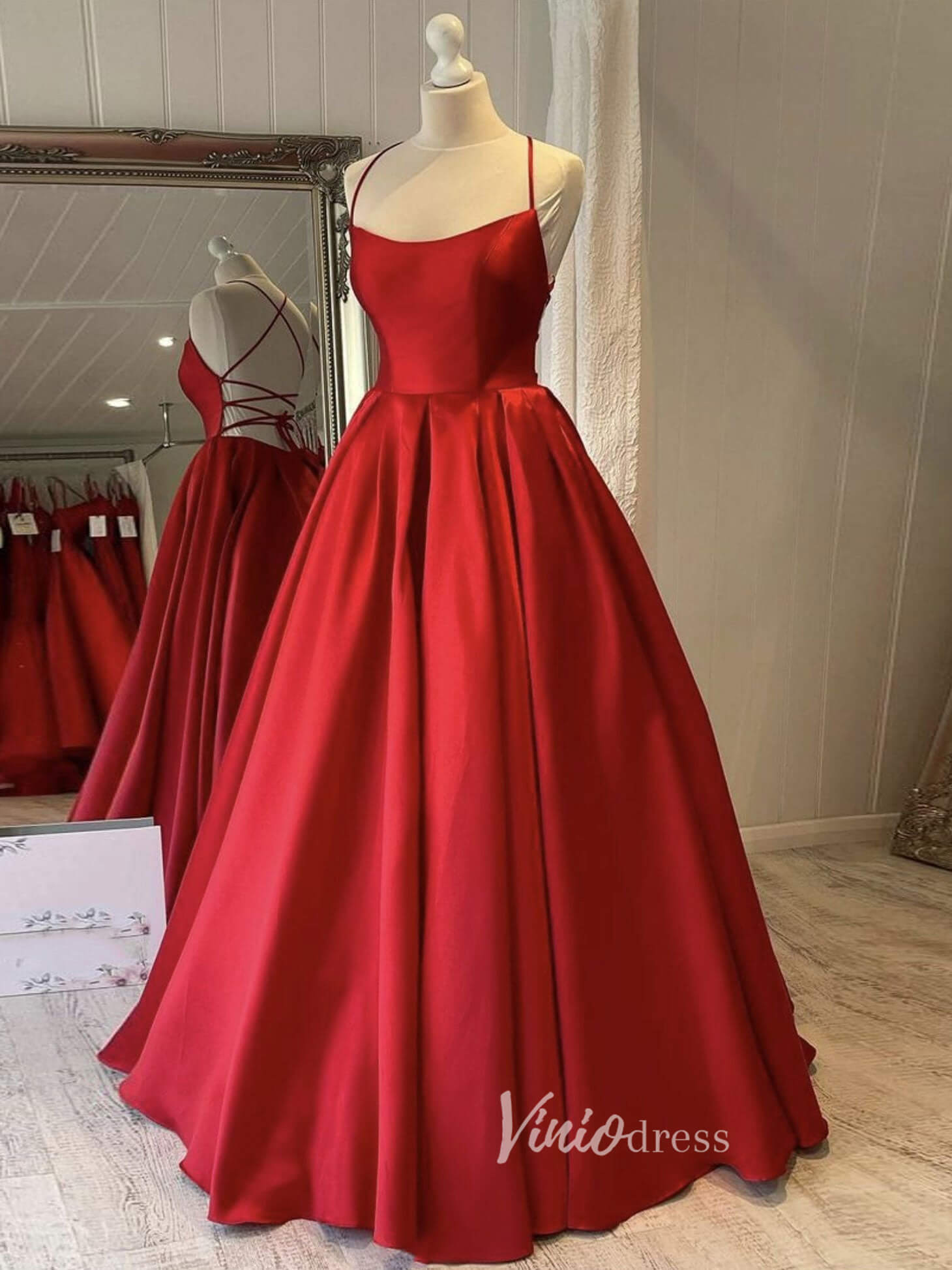 Red Spaghetti Strap Prom Dresses Satin A-Line Evening Dress FD3082-prom dresses-Viniodress-Red-Custom Size-Viniodress