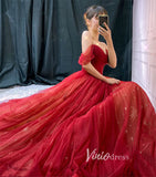 Red Starry Tulle Prom Dresses Off the Shoulder Evening Dress FD3451-prom dresses-Viniodress-Viniodress