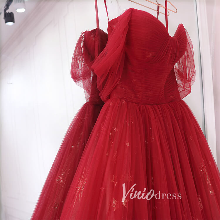 Red Starry Tulle Prom Dresses Off the Shoulder Evening Dress FD3451-prom dresses-Viniodress-Viniodress