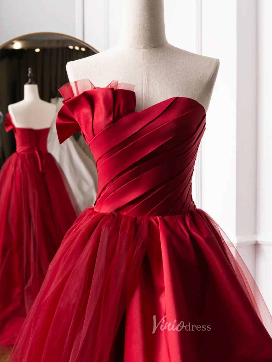 Red Strapless Prom Dresses Pleated Satin Formal Gown FD3238-prom dresses-Viniodress-Viniodress