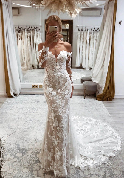 Romantic Lace Appliqués Mermaid Wedding Dress with Illusion Long Sleeves, Chapel Train – ML143-wedding dresses 2025 -Viniodress-Nude-Custom Size-