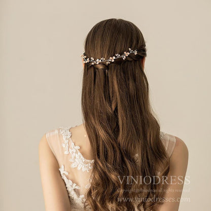 Rose Gold Blossom Hair Vine with Pearls AC1192-Headpieces 2025 -Viniodress-Headband-