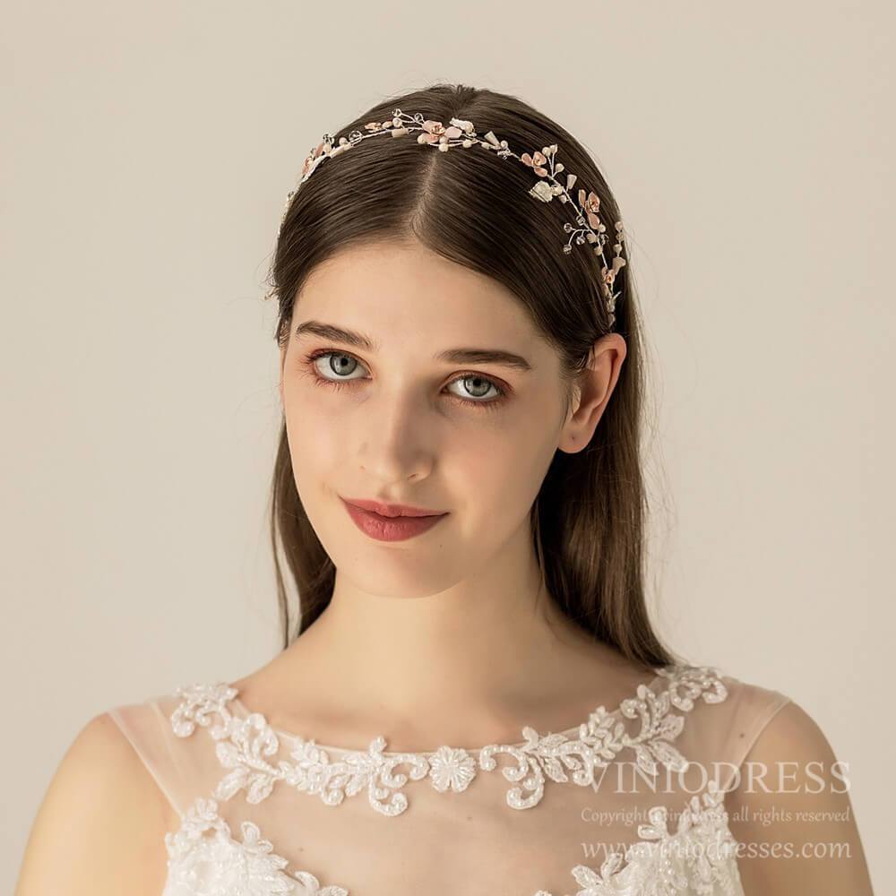 Rose Gold Floral Bridal Headband with Pearls AC1218-Headpieces-Viniodress-As Picture-Viniodress