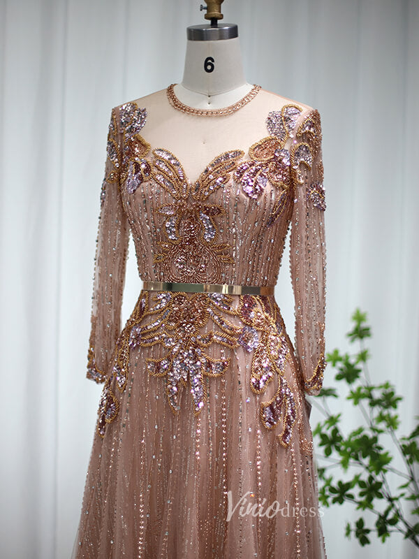 Rose Gold Lace Prom Dresses Long Sleeve Beaded Evening Dress 20085-prom dresses-Viniodress-Viniodress