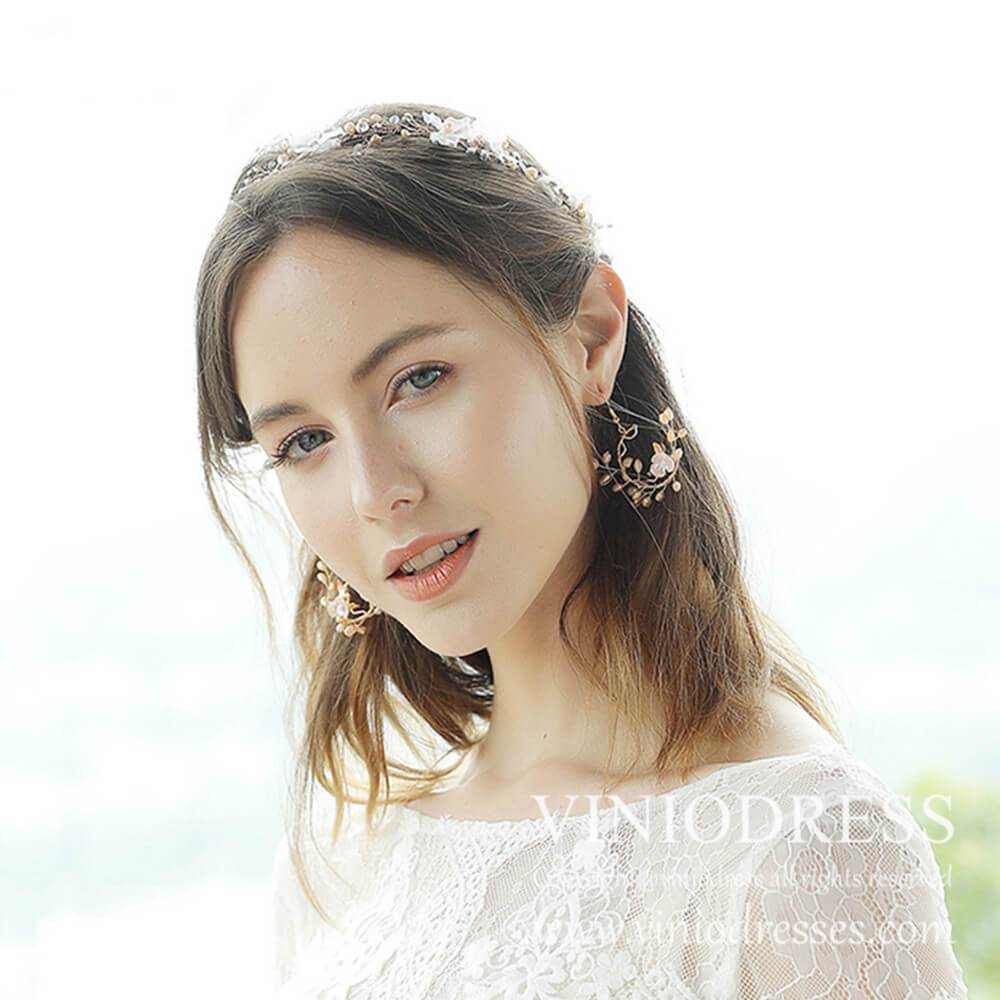 Rose Gold Leaf Bridal Headband and Earrings Set AC1057-Headpieces-Viniodress-Viniodress