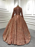 Rose Gold Prom Ball Gown with Long Sleeve High Neck 67098-Quinceanera Dresses-Viniodress-Viniodress