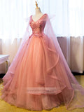 Rose Pink Quinceanera Dress Cape Sleeve Sweet 15 Dress FD1012 viniodress