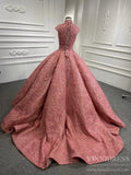 Rose Pink Sweet 16 Dress High Neck Ball Gown 66686 Cap Sleeve-Quinceanera Dresses-Viniodress-Viniodress