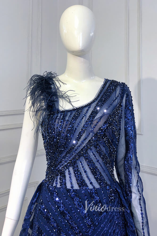 Royal Blue Beaded Evening Dresses One Shoulder Prom Dress FD3019-prom dresses-Viniodress-Viniodress