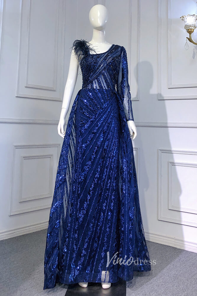 Royal Blue Beaded Evening Dresses One Shoulder Prom Dress FD3019-prom dresses-Viniodress-Royal Blue-US 2-Viniodress
